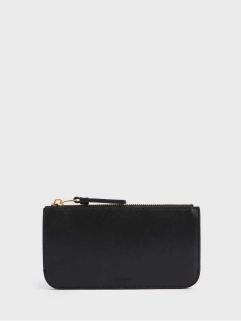 All Saints Black Leather Zip Wristlet with Gold Hardware